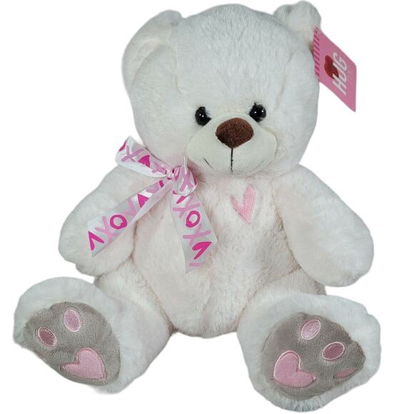 White Teddy Bear Plush Bear Dan Dee Pink Heart Paws Bow Stuffed Animal Valentine - Picture 9 of 9